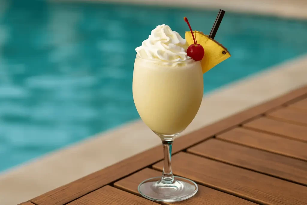 Copa de piña colada sin alcohol decorada con crema batida, cereza y piña junto a alberca
