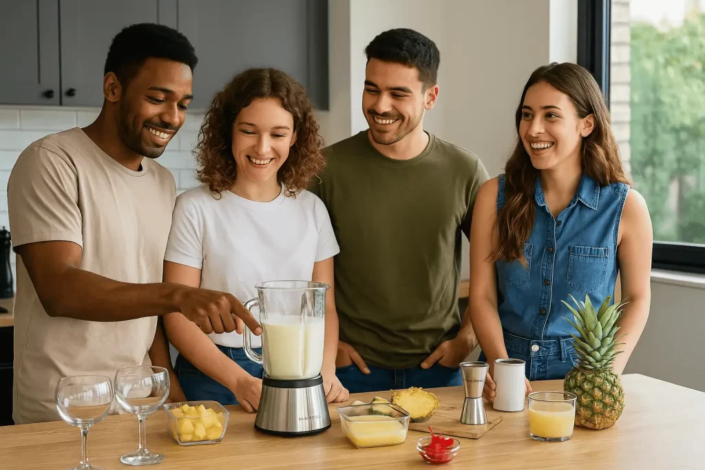 Cuatro amigos preparando piña colada sin alcohol con ingredientes frescos en cocina