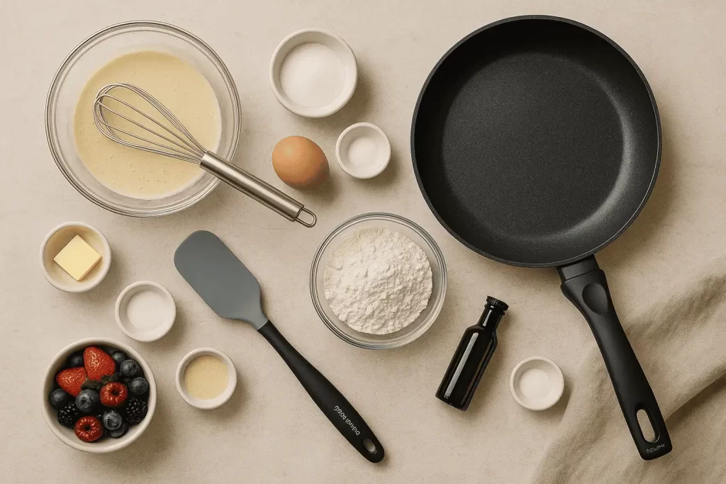 Utensilios de cocina y mise en place para preparar hotcakes, con sartén, batidor, espátula, bowls e ingredientes.