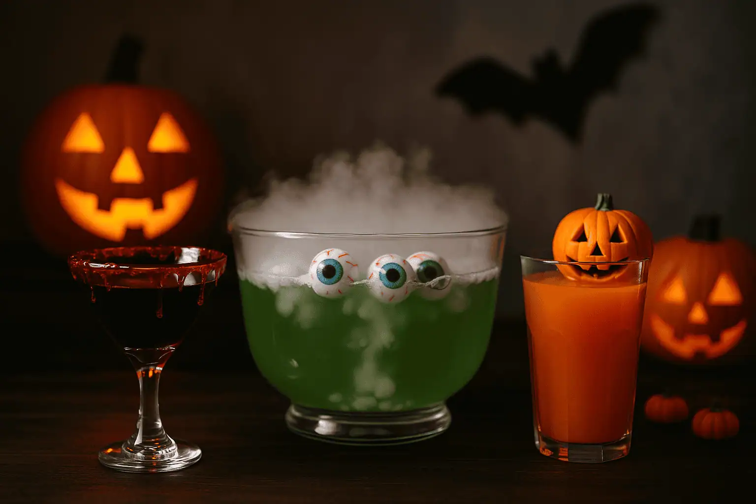 Tres bebidas Halloween con ojos, calabazas y sangre falsa decoradas en fondo festivo