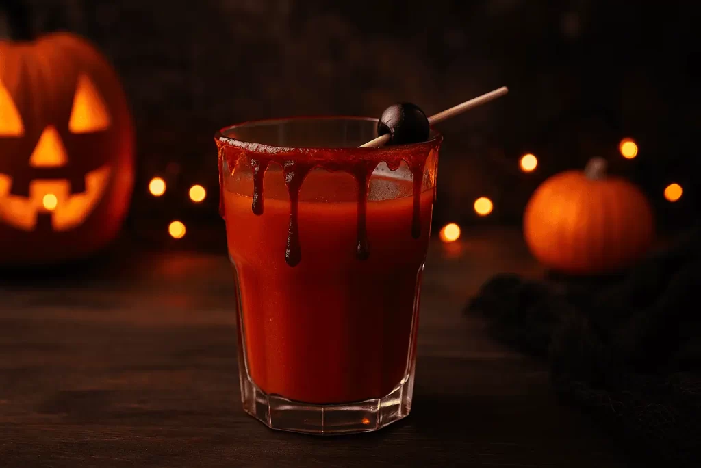 Vaso de cóctel rojo con sangre falsa en el borde y decoración de Halloween