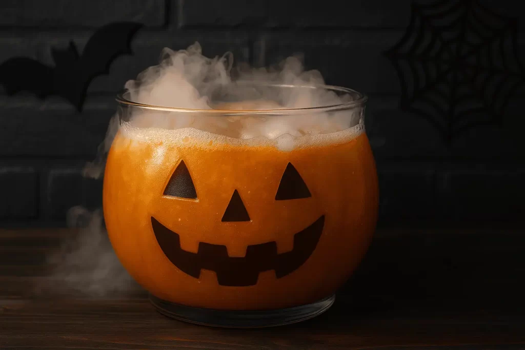 Bowl con jugo de calabaza humeante en decoración de Halloween
