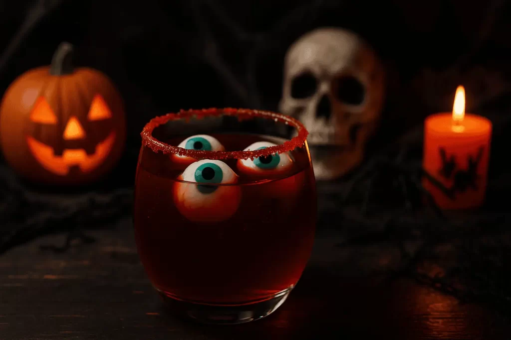 Vaso de ponche rojo con ojos flotantes y fondo decorado con calavera y vela