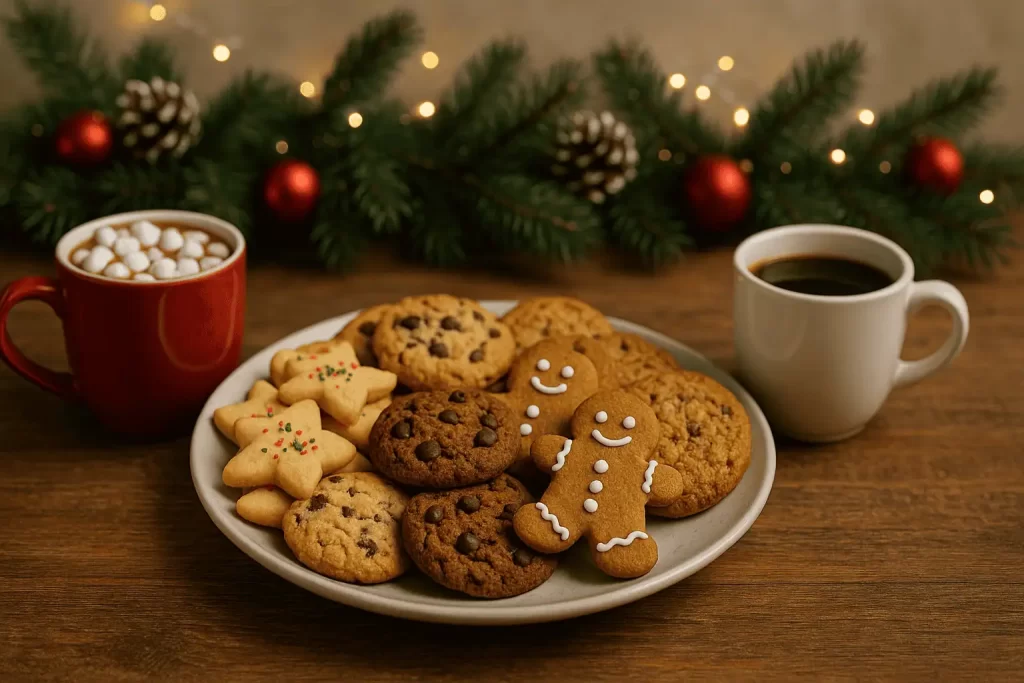 Plato con galletas navideñas variadas junto a tazas de cocoa y café frente al árbol de Navidad