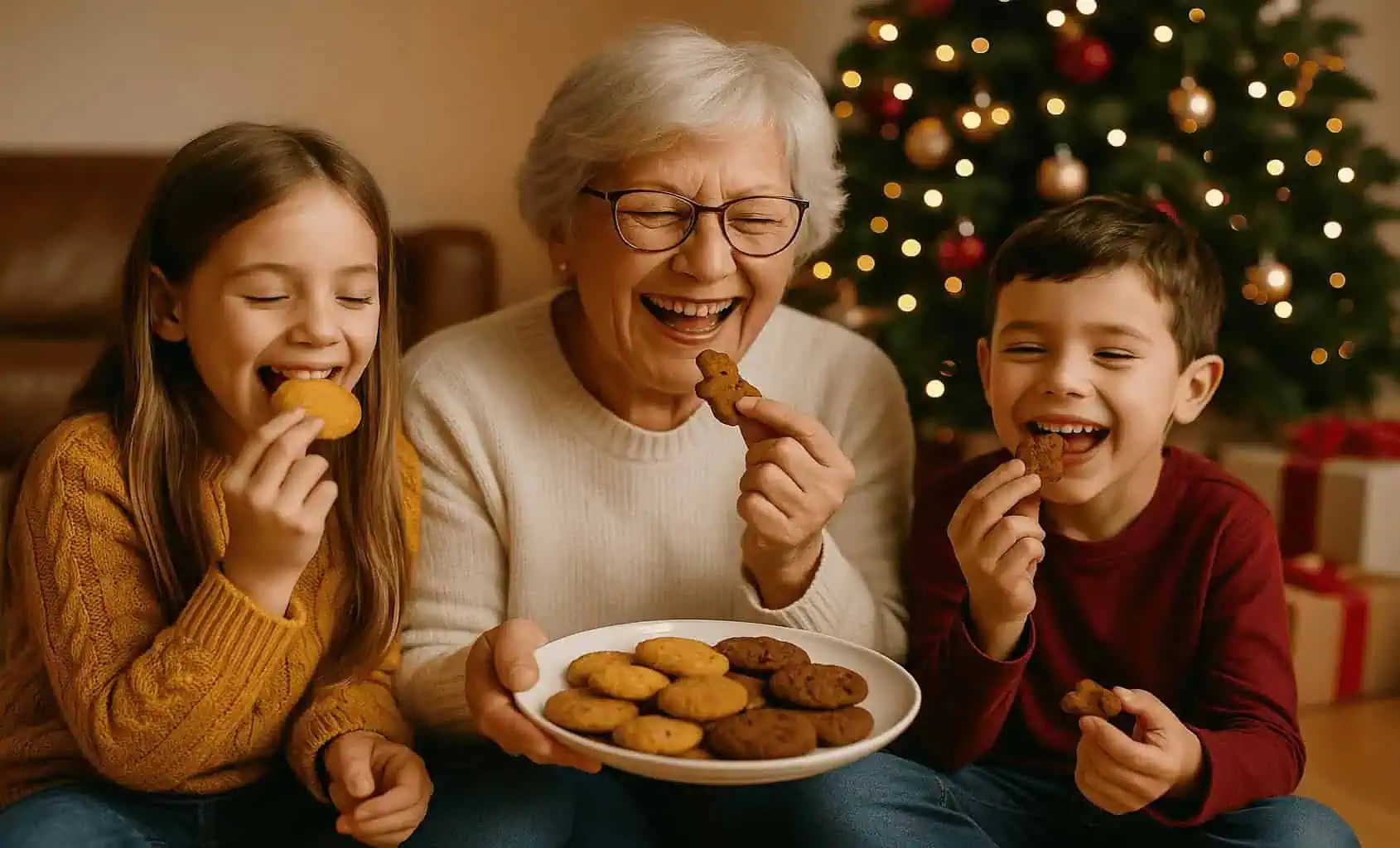 Abuelita y nietos comiendo galletas frente al árbol de Navidad
