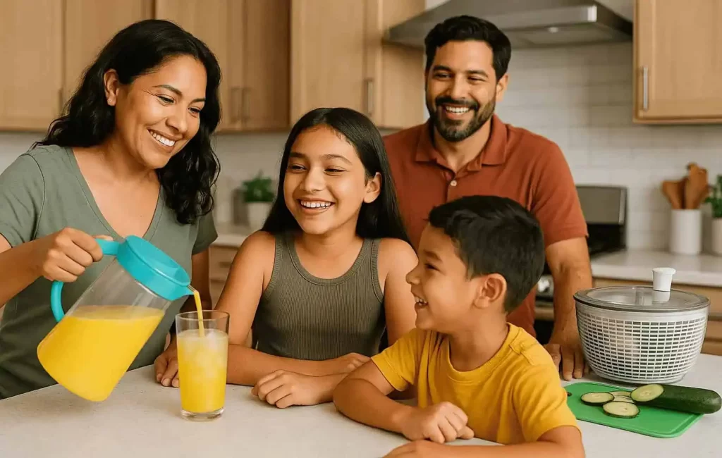 Familia latina feliz disfrutando bebidas frías en cocina iluminada con utensilios modernos