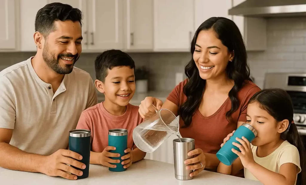 Familia sonriente tomando agua en vasos térmicos en cocina moderna