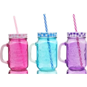 Mason Jar Frasco Tarro Colores Fiesta Popote 470 Ml 12 Pzs C