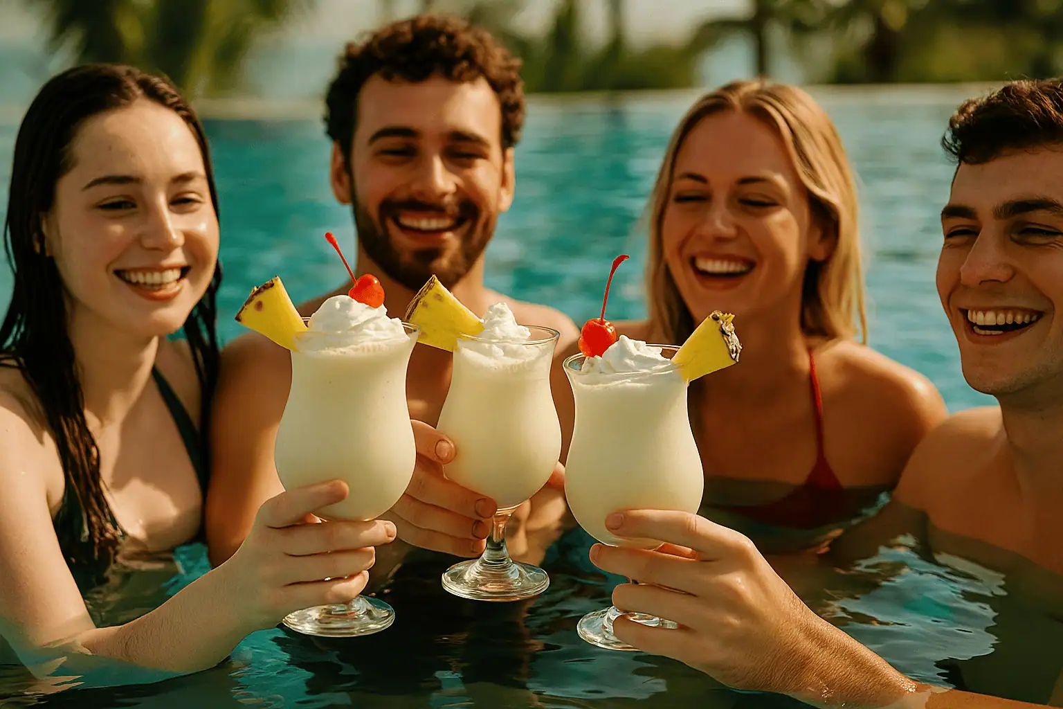 Grupo de jóvenes brindando con piña colada sin alcohol en alberca bajo el sol