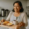 Mamá feliz recibiendo desayuno en una cocina equipada para el Día de las Madres.