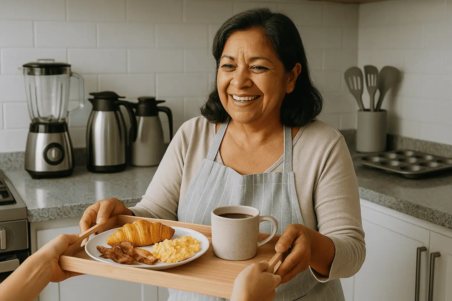 Mamá feliz recibiendo desayuno en una cocina equipada para el Día de las Madres.