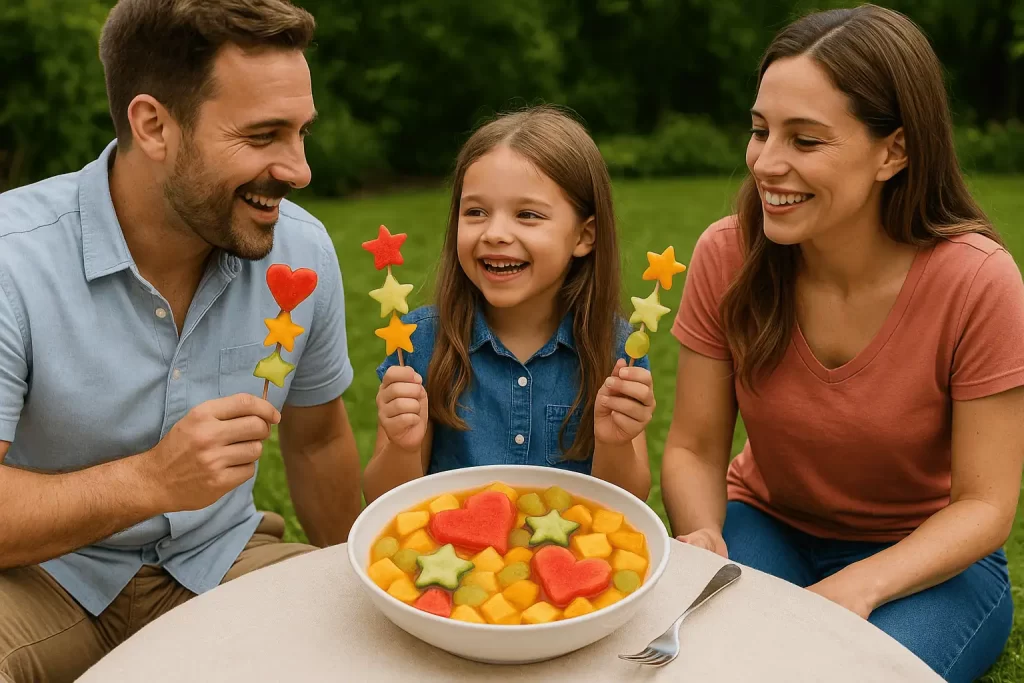 Familia feliz en picnic comiendo brochetas de frutas con figuras de estrella y corazón
