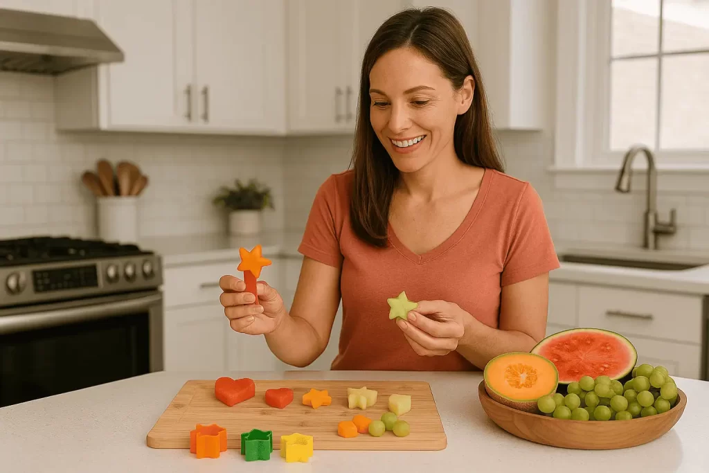 Mujer cortando frutas en estrella sobre mesa blanca con utensilios de cocina
