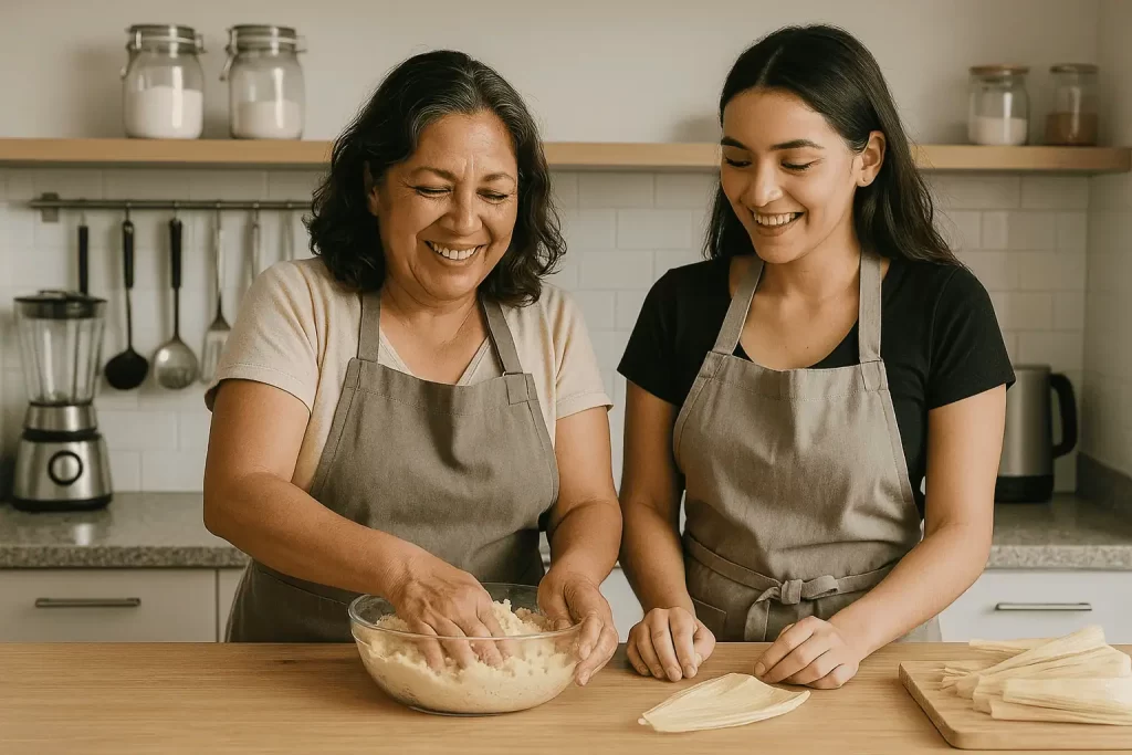 Madre e hija cocinando juntas en una cocina mexicana durante el Día de las Madres.