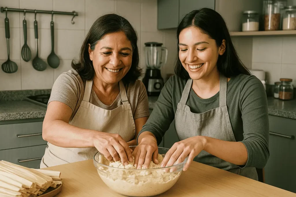Madre e hija cocinando juntas en una cocina mexicana durante el Día de las Madres.