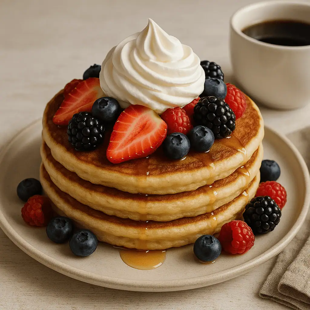 Hotcakes esponjosos con crema batida, fresas, moras y arándanos, servidos en plato blanco con café.