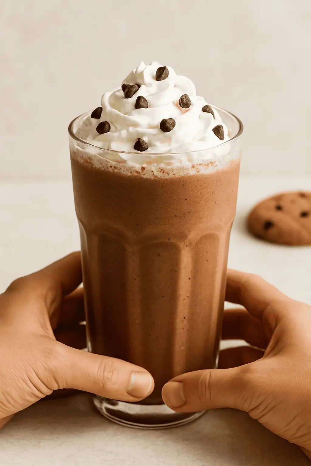 Alt text: Malteada de chocolate servida en vaso con crema y chispas