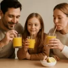 Familia reunida tomando bebida casera para reforzar el sistema inmunológico