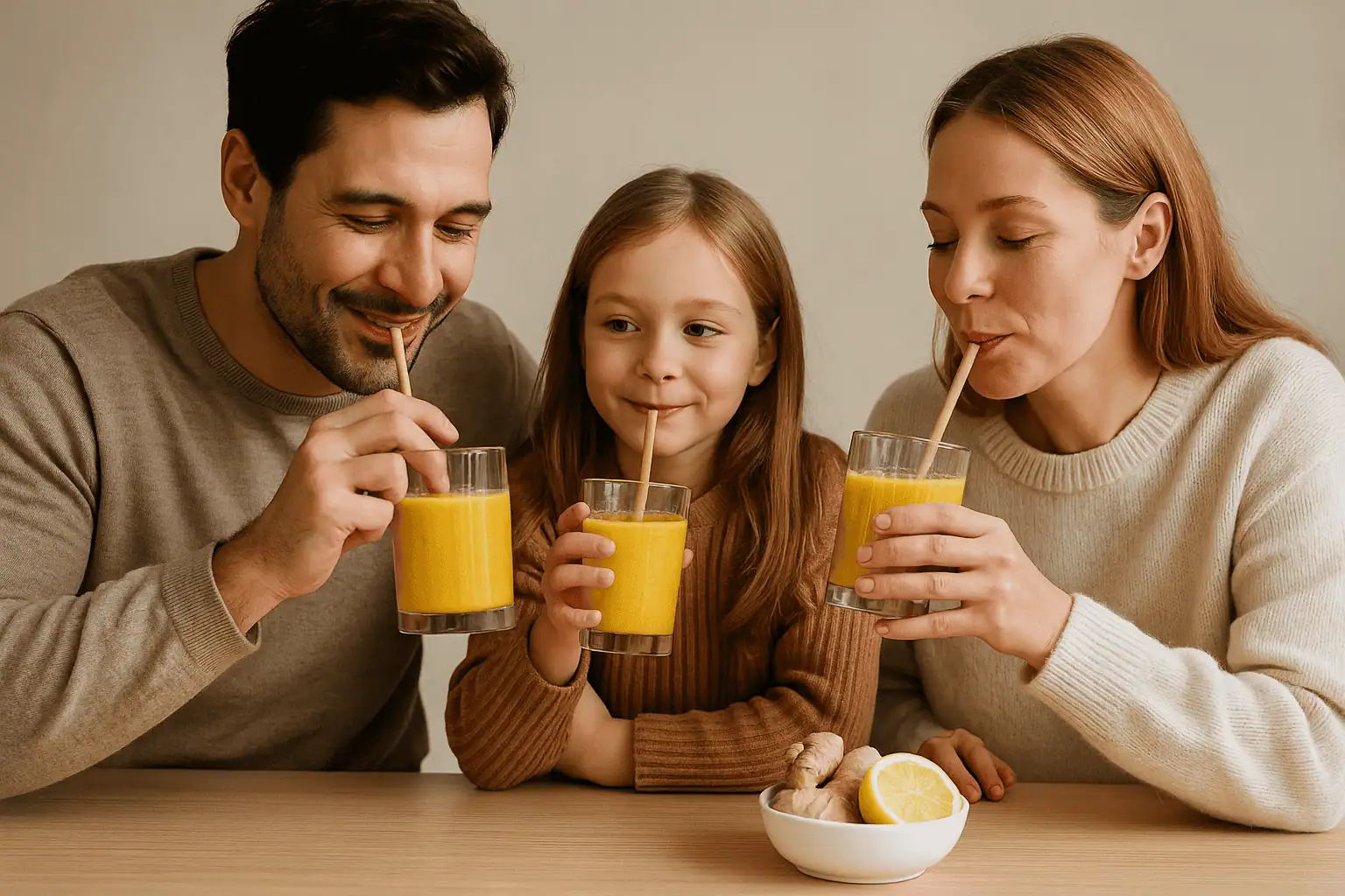 Familia reunida tomando bebida casera para reforzar el sistema inmunológico