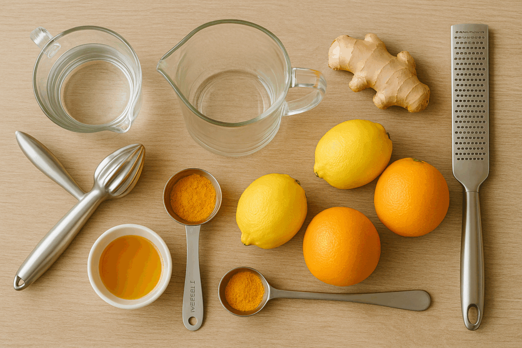 Utensilios Elementos Kitchen con ingredientes frescos sobre mesa