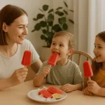 Madre e hijos pequeños comiendo paletas heladas de sandía en mesa familiar