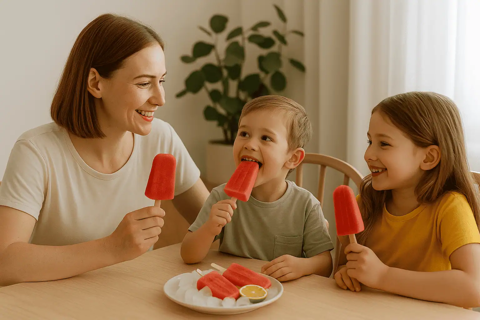 Madre e hijos pequeños comiendo paletas heladas de sandía en mesa familiar