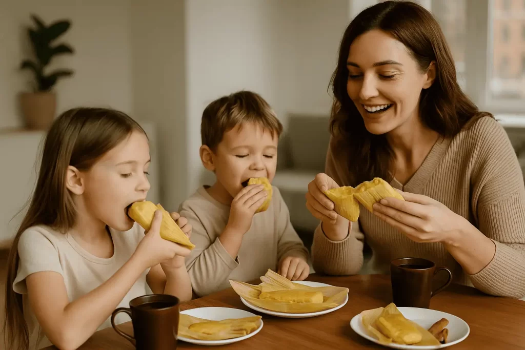 Madre con dos hijos comiendo tamales de elote dulce en una mesa con luz natural