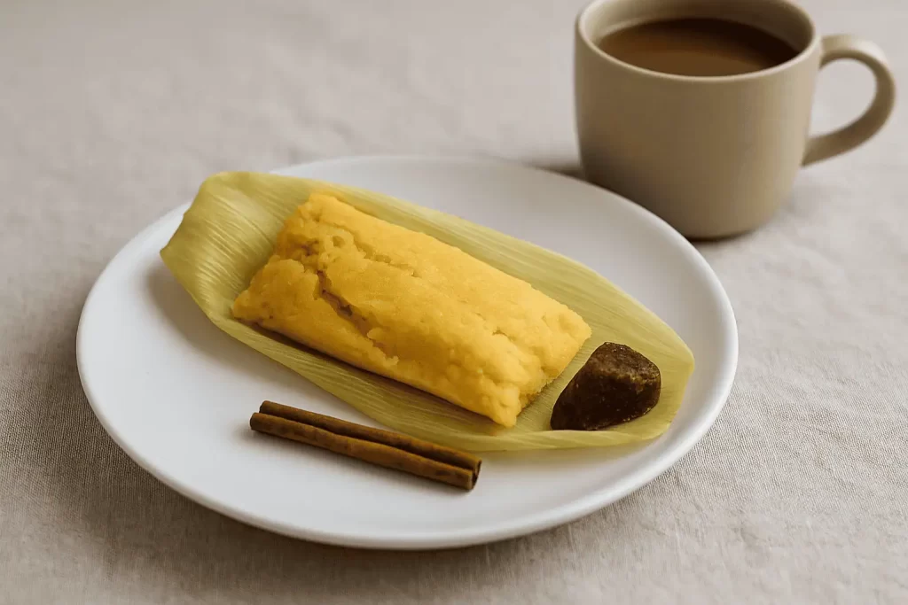 Tamal de elote dulce servido sobre hoja de maíz en un plato blanco con piloncillo y canela