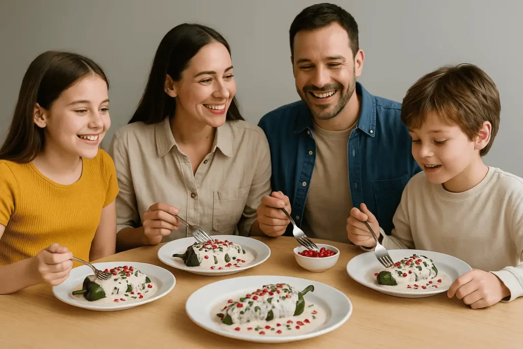 Una familia de cuatro personas disfrutando de una comida casera con chiles en nogada