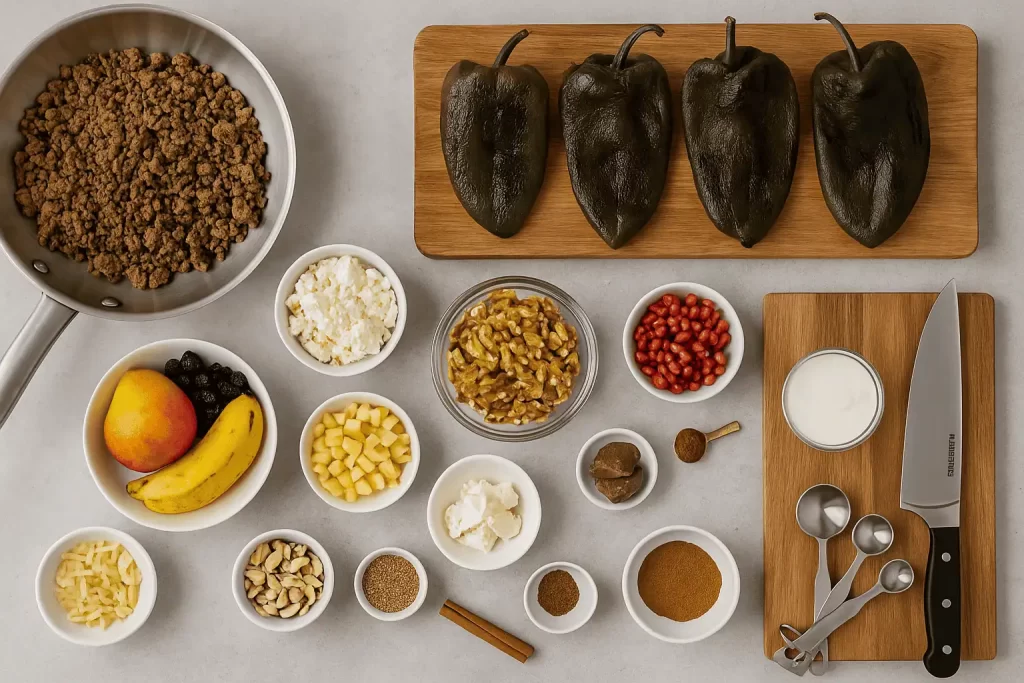 Ingredientes frescos y utensilios Elementos Kitchen para chiles en nogada